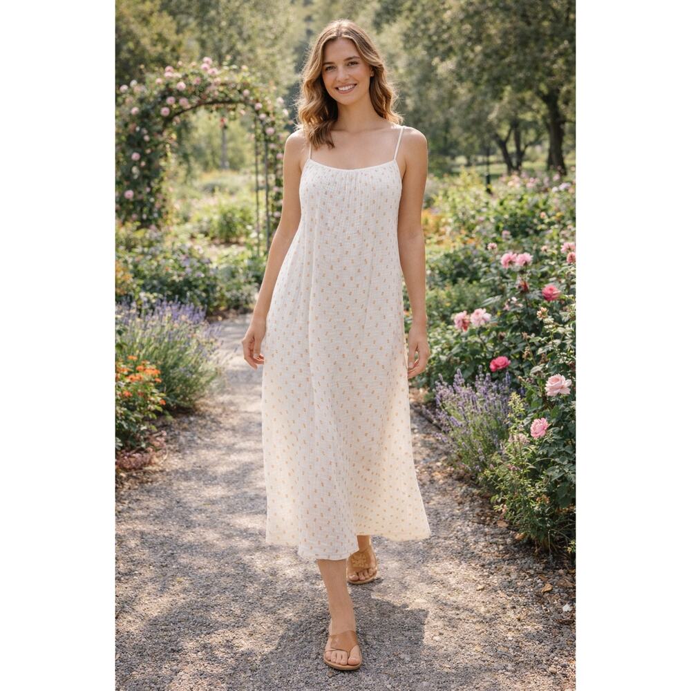 H&M Divided Gauzy Cotton Cream with Tan Floral Print Sun Dress Size Small